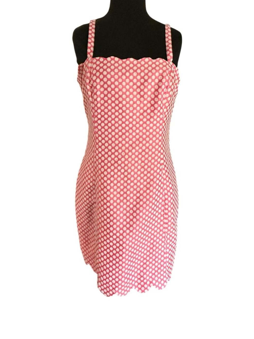Y2K Ronson Pink Polka Dot Scalloped Hem Dress M Coquette Preppy Strappy Feminine